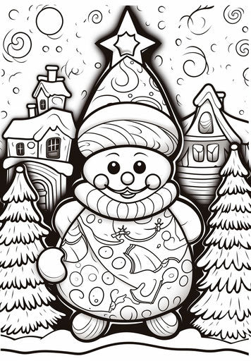 Winter coloring page with a snowman in the style of toyism