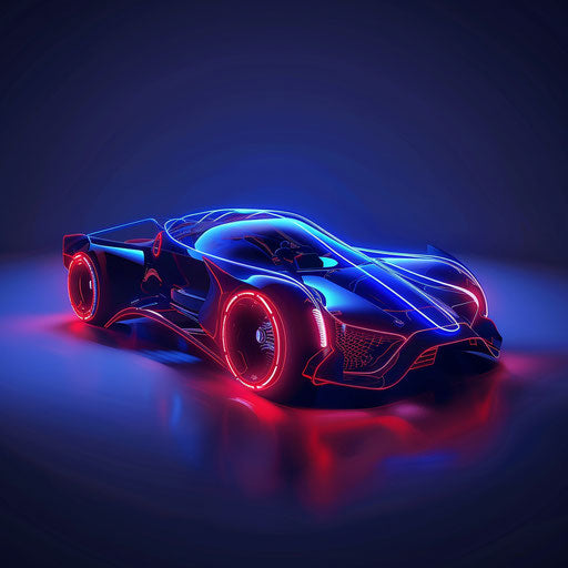 Tech-inspired car logo with futuristic elements and a neon color scheme against a dark blue background