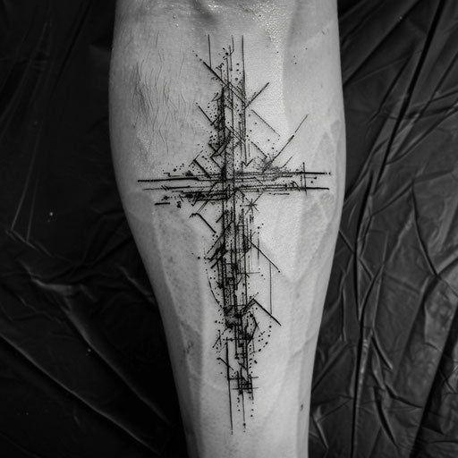 Strength cross tattoo with digital glitch effect