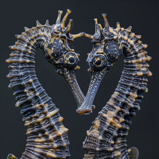 Curious sea horses with detailed and sharp look, in the style of Elke Vogelsang