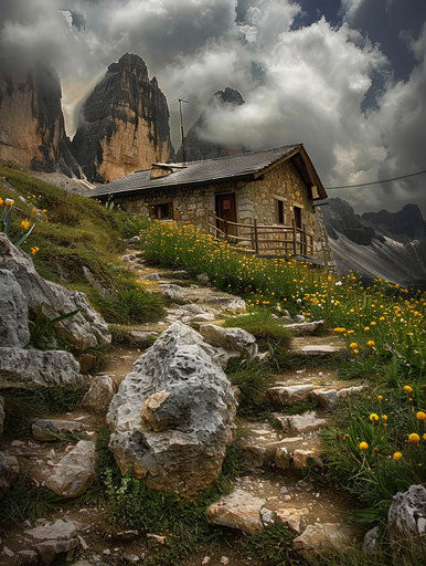 Scenic photo of Dolomites mountains, Italy, beautiful house 3:4