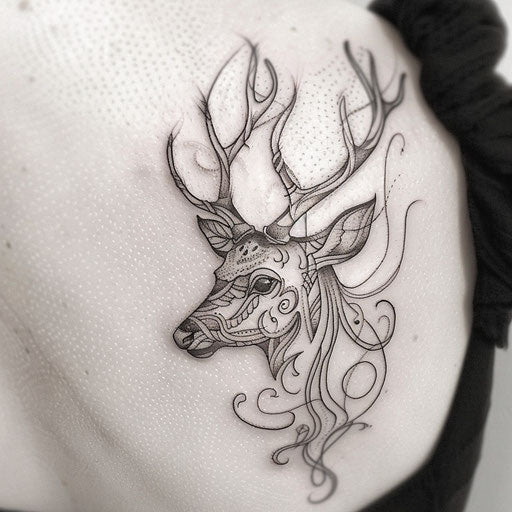 Art Nouveau-inspired deer tattoo on white canvas