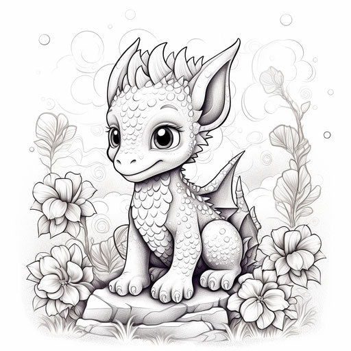 Adorable baby dragon coloring book, subdued pointillism style realistic