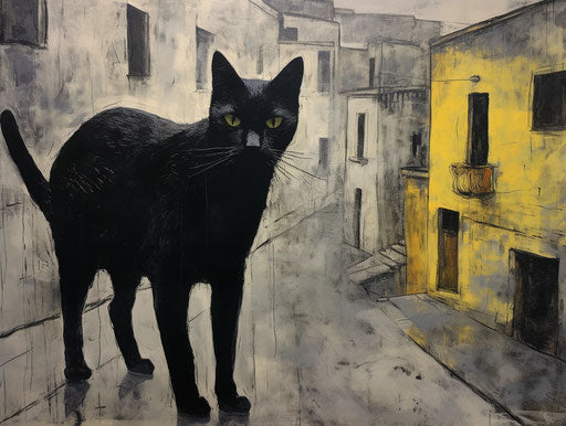 Black cat crossing road near stone buildings, emotive style