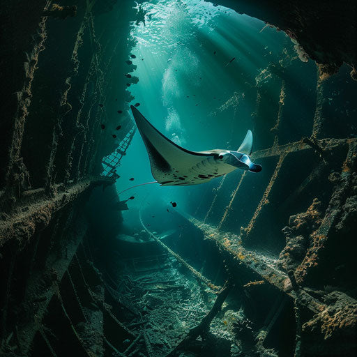 Manta ray exploring a sunken wreck