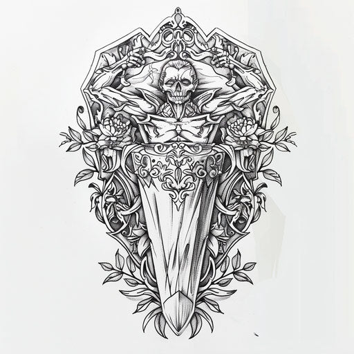 Tattoo sketch of vampire resting in ornate coffin