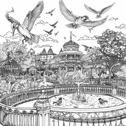 Detailed urban park with carnival birds in the style of Stephen Wiltshire Coloring book page