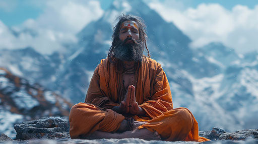 Levitating yogi in front of the Himalayas