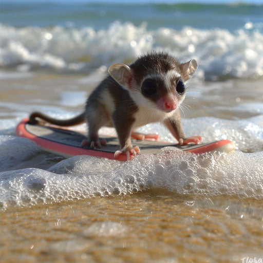 A flying squirrel on a tiny surfboard, surfing waves at the beach.