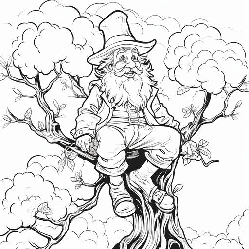 Leprechaun on tree top with hat, parodic style