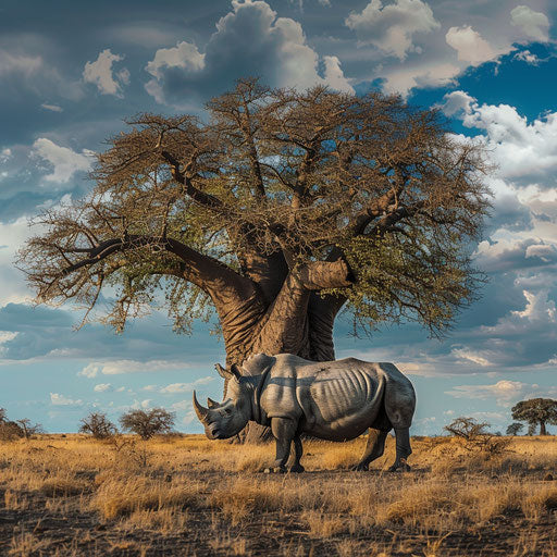 Solitary West African black rhinoceros under baobab in dry season