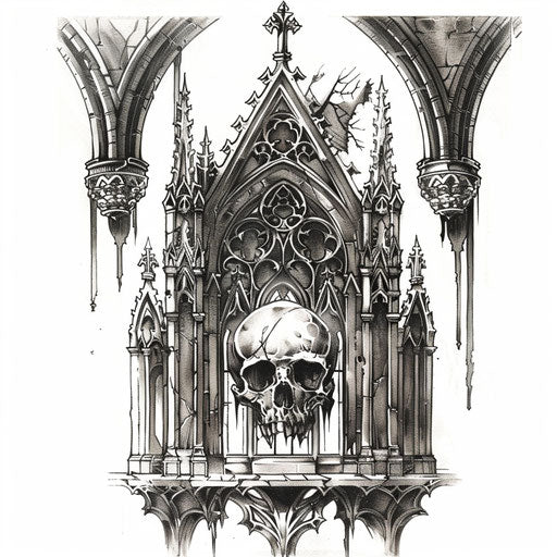 Gothic window with skull motif on white background