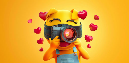 Emoji with hearts in a mask holding phone camera, beautiful and shiny style