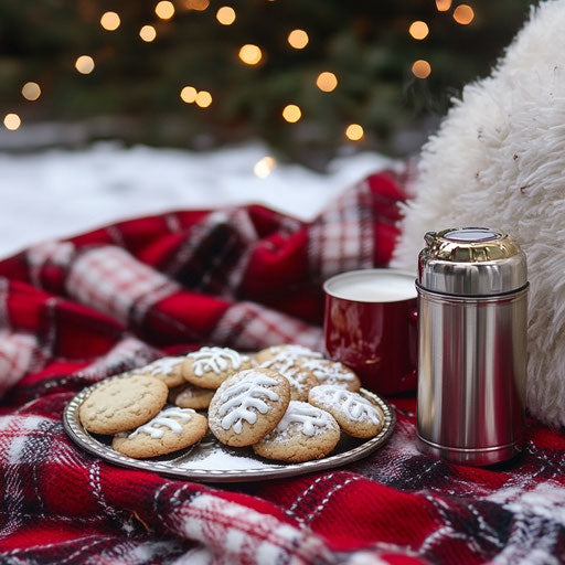 Festive picnic with Christmas cookies and hot chocolate