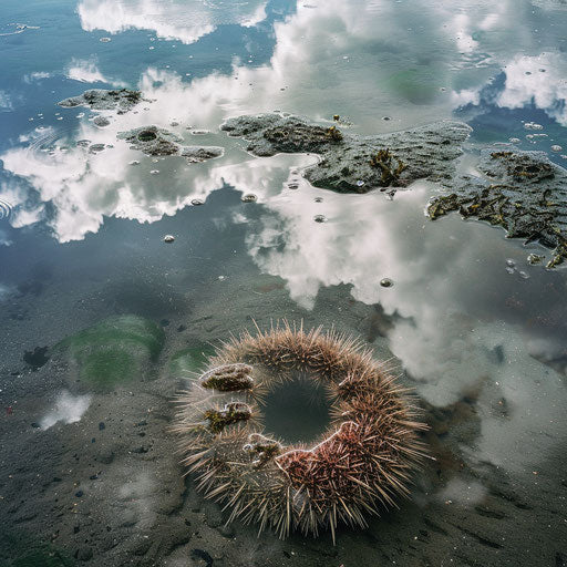Sea urchin in a tidal pool with reflections of the sky and clouds