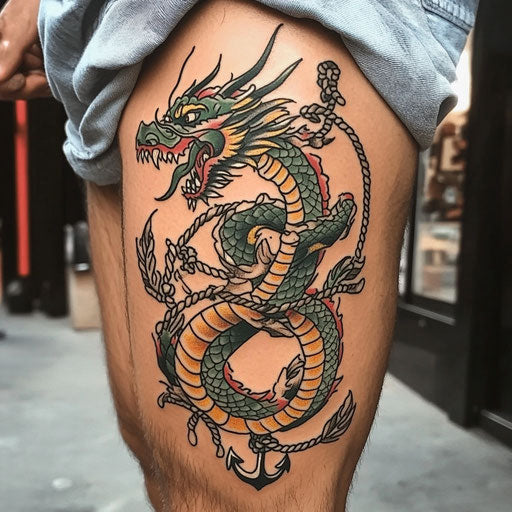 Dragon tattoos for men with a dragon entangled in nautical ropes and anchors, in the style of Sailor Jerry