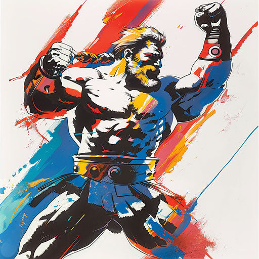 Tattoo sketch of Hercules in battle, bold primary colors, simplified clipart style