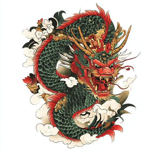 Colorful yakuza dragon tattoo sketch in manga style