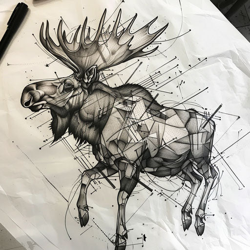 Dynamic sketch of a moose mid-stride with abstract geometric elements