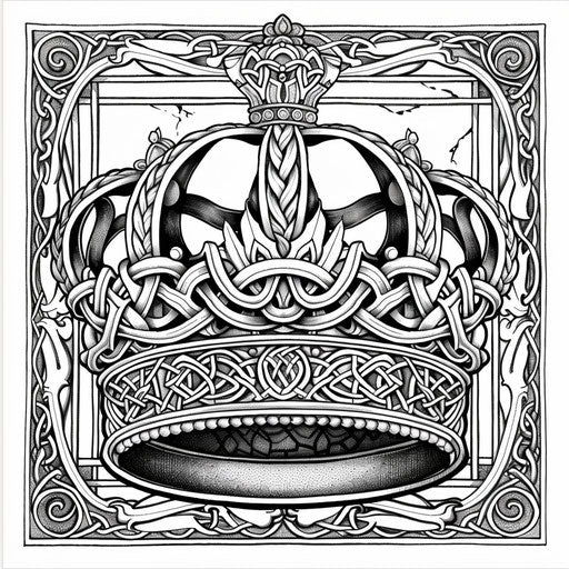 Detailed crown with Celtic knot designs. Coloring book page