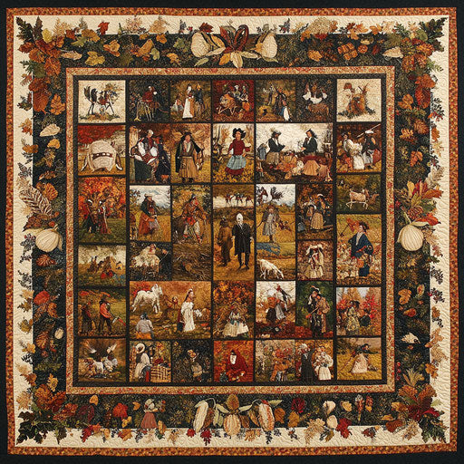 Patchwork of Pilgrims and Native Americans with harvest symbols – IMAGELLA