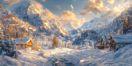 Airbrush painting of snowcovered village in style of Italian Dolomite mountains