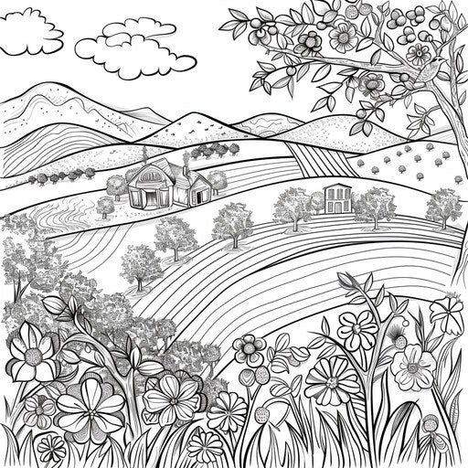 Tranquil scene of hills and blossoming orchard