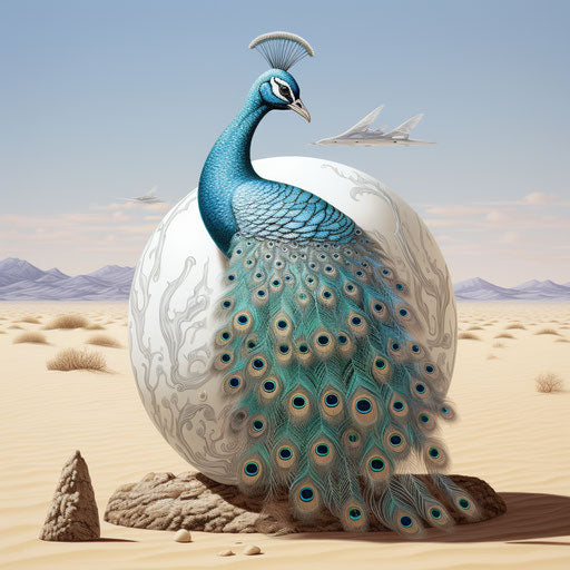 Attractive peacock on an egg in the desert