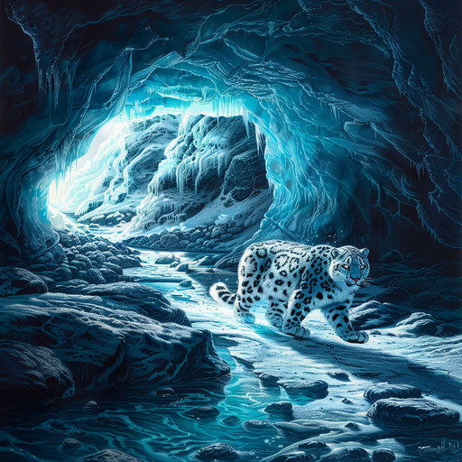 Snow leopard in a labyrinthine ice cave
