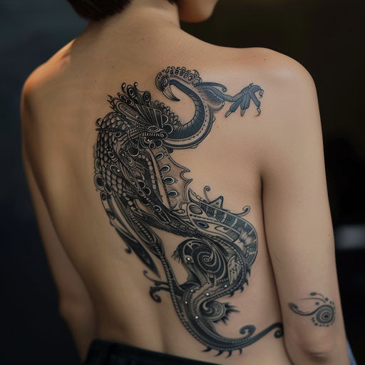 Biomechanical peacock tattoo, blending organic and mechanical elements, uniquely showcased on a white canvas.