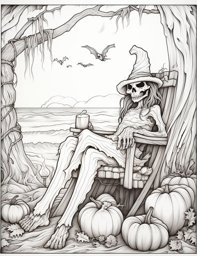 Halloween coloring pages on the beach, in the style of Randal Spangler