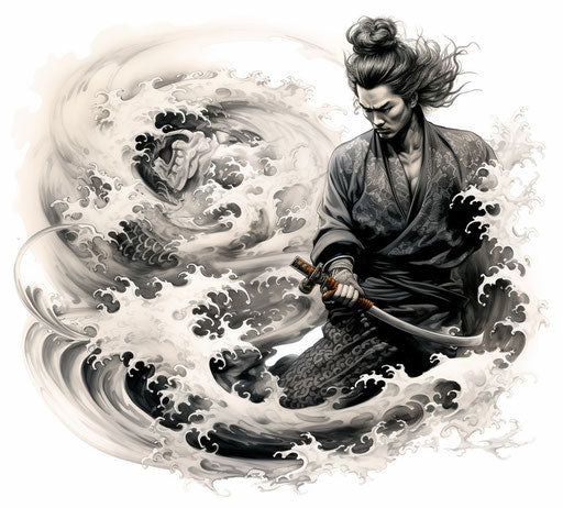 Japanese artist with sword: tattoo motifs, black/white realism
