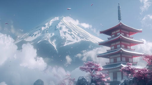 Five-storied pagoda under snowy Mt. Fuji in Japan
