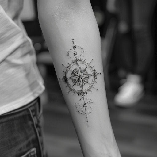 Fine line compass tattoo in the style of Peter Jackson