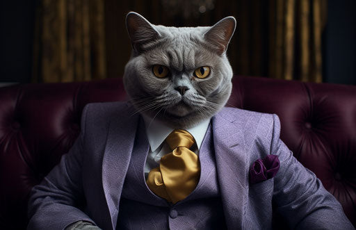 A grey cat standing on the couch, light purple and dark gold style