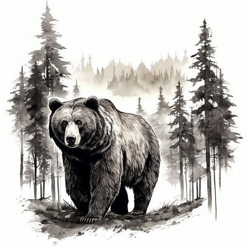 Ink drawing of a bear and trees, eerily realistic, iconic