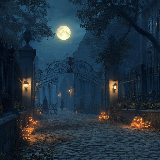 A Spooky Halloween Scene with a Ghost and Jack-o'-lanterns