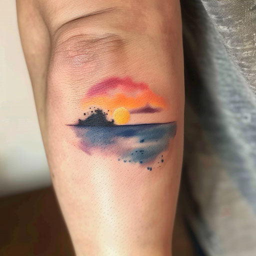 Watercolor sunset tattoo on plain white background
