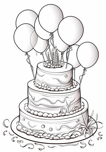 Birthday cake and balloons coloring page, pictorial style