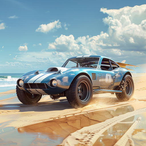 Shelby Daytona beach buggy with sand tires and surfboards mounted on the back