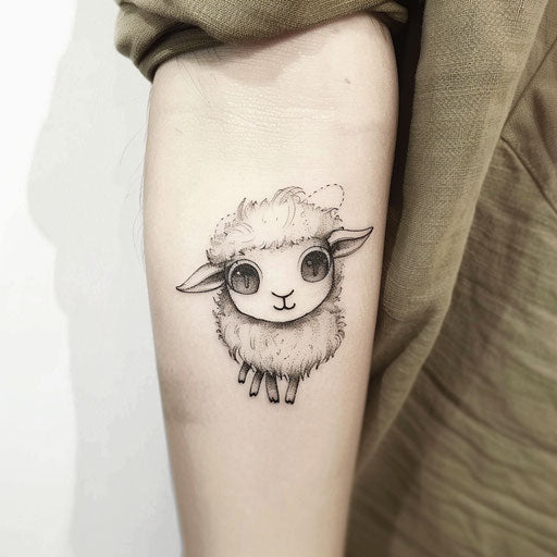 Charming flat tattoo sketch of a cartoon sheep with oversized, expressive eyes