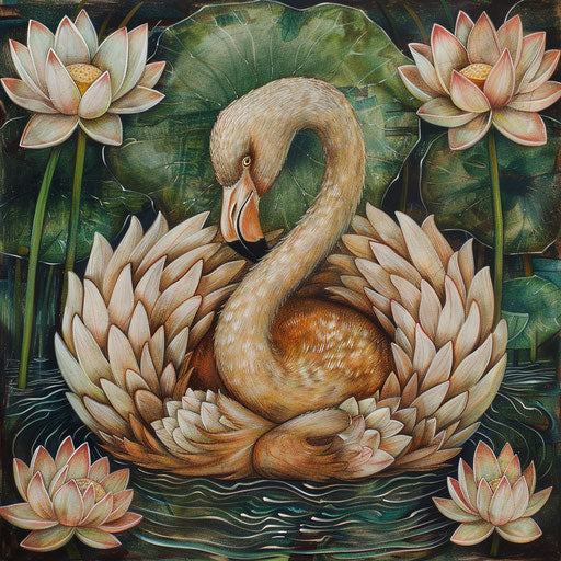 Lone flamingo meditating among lotus flowers