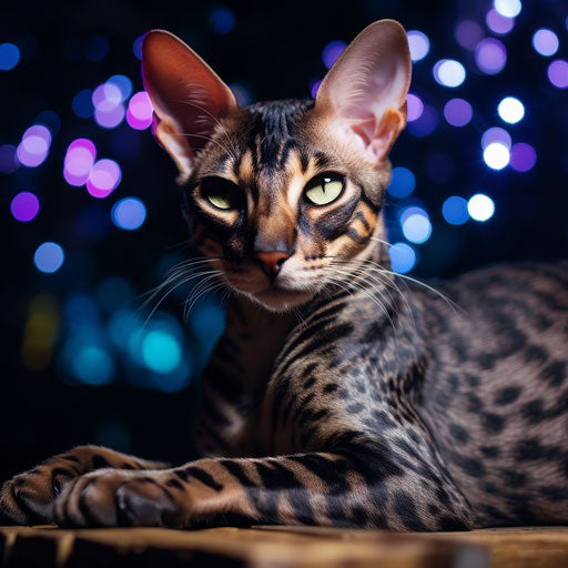 Oriental shorthair cat lying outside at night