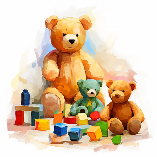 Toys in Impressionistic Art style, on white background
