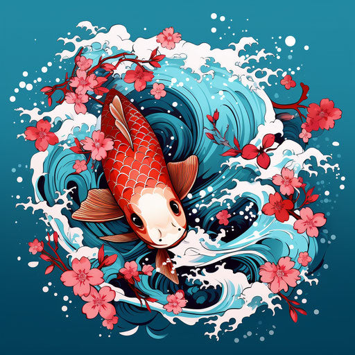 Koi fish in the sea, colored cartoon style, tattoo
