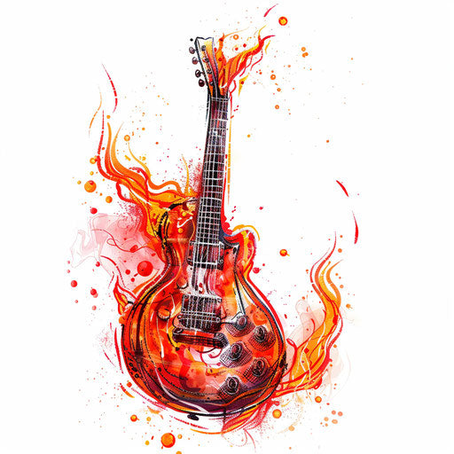 Dynamic sketch of a guitar with flaming strings in red and orange, clipart style