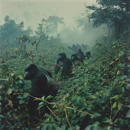 Solemn procession of western lowland gorillas in the ethereal morning mist
