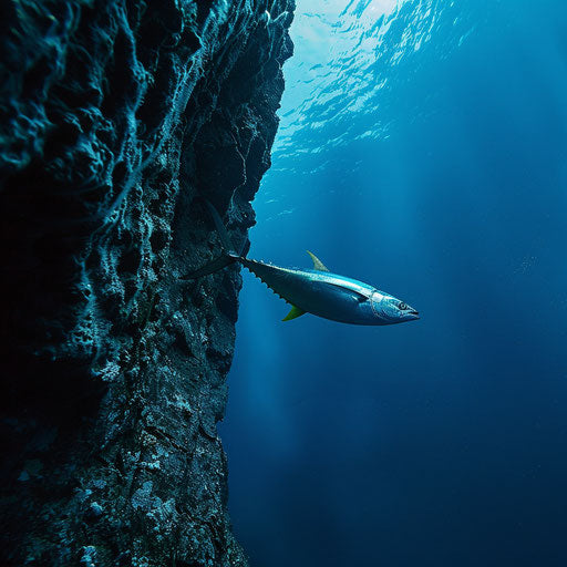 Yellowfin tuna swimming at the edge of a steep underwater cliff