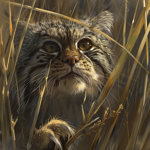 Manul cat peering through tall grasses