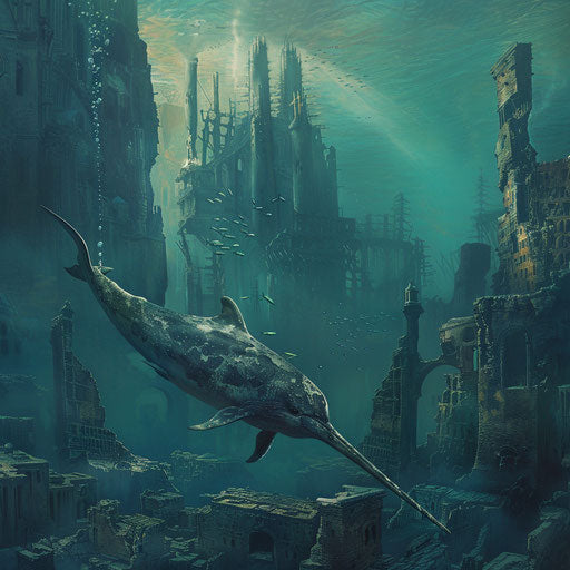 An ancient narwhal swimming amidst the ruins of an underwater city